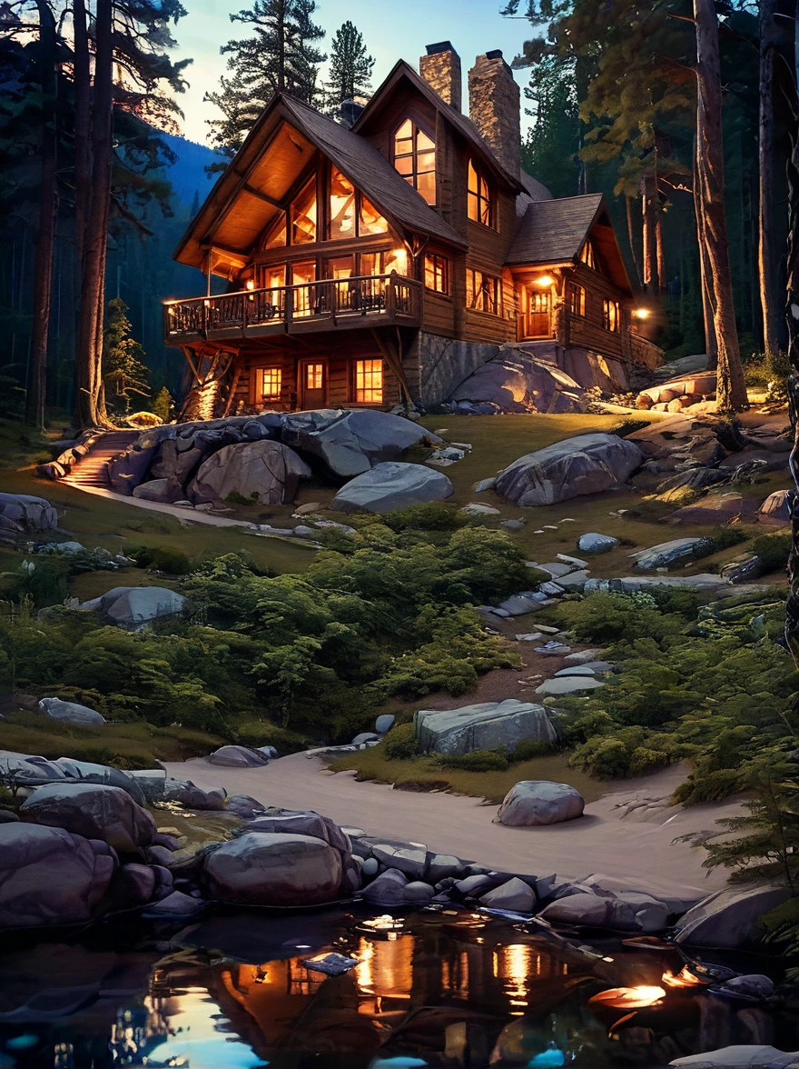 casa de cabana incrível , Iluminação incrível, cena externa ambientada na floresta