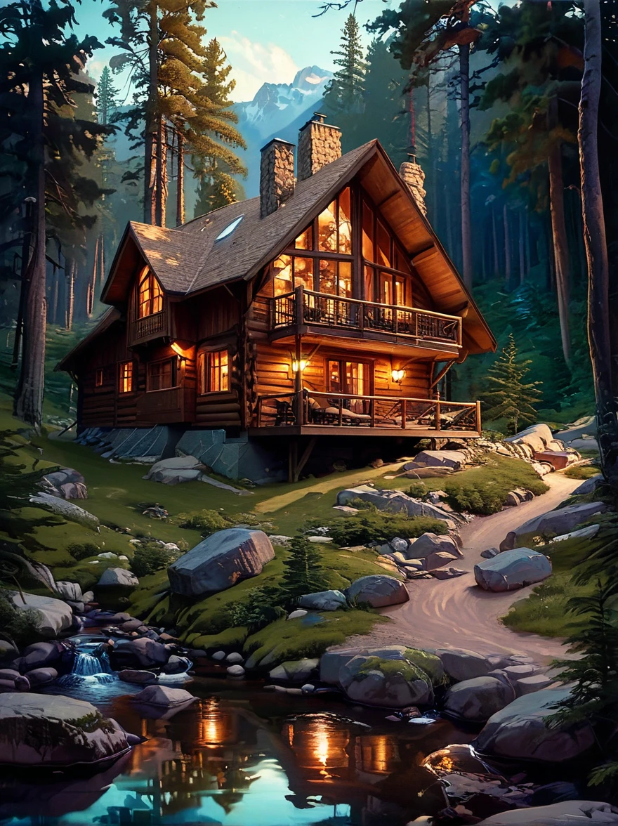awesome cabin home , amazing lighting, exterior shot set in forest