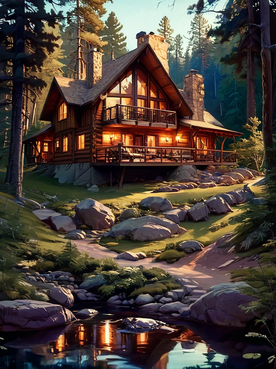 impresionante cabaña en casa , Iluminación increíble, toma exterior ambientada en el bosque