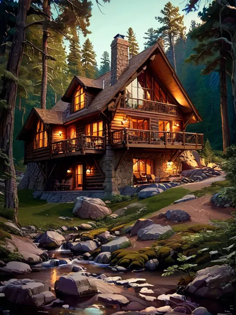 awesome cabin home , amazing lighting, exterior shot set in forest