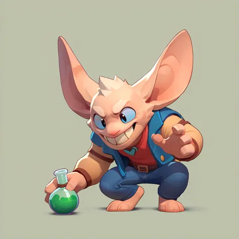 a blue furball, male, with long ears, pointy teeth, who smiles, dressed in jeans, with a green potion in his hand