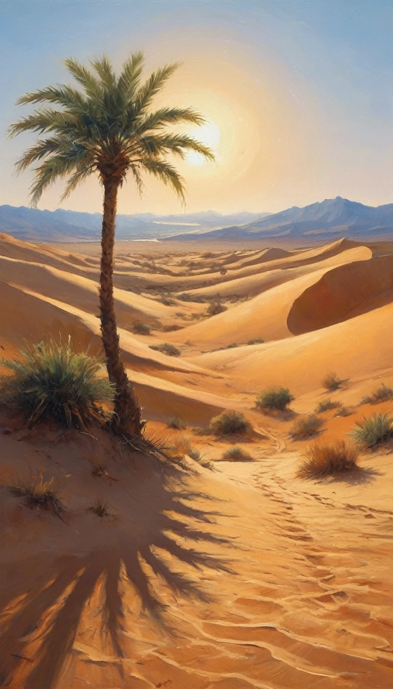 En un desierto árido, El sol abrasador pinta el cielo de naranja mientras las dunas de arena onduladas se extienden hasta el infinito. Una sola palmera solitaria proporciona sombra, donde Agar y su hijo Ismael buscan refugio, representando la historia de Génesis 16.