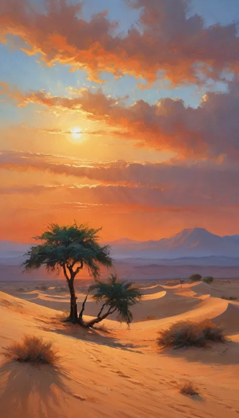 In an arid desert, the scorching sun paints the sky orange as undulating sand dunes stretch into infinity. A single lone palm tr...
