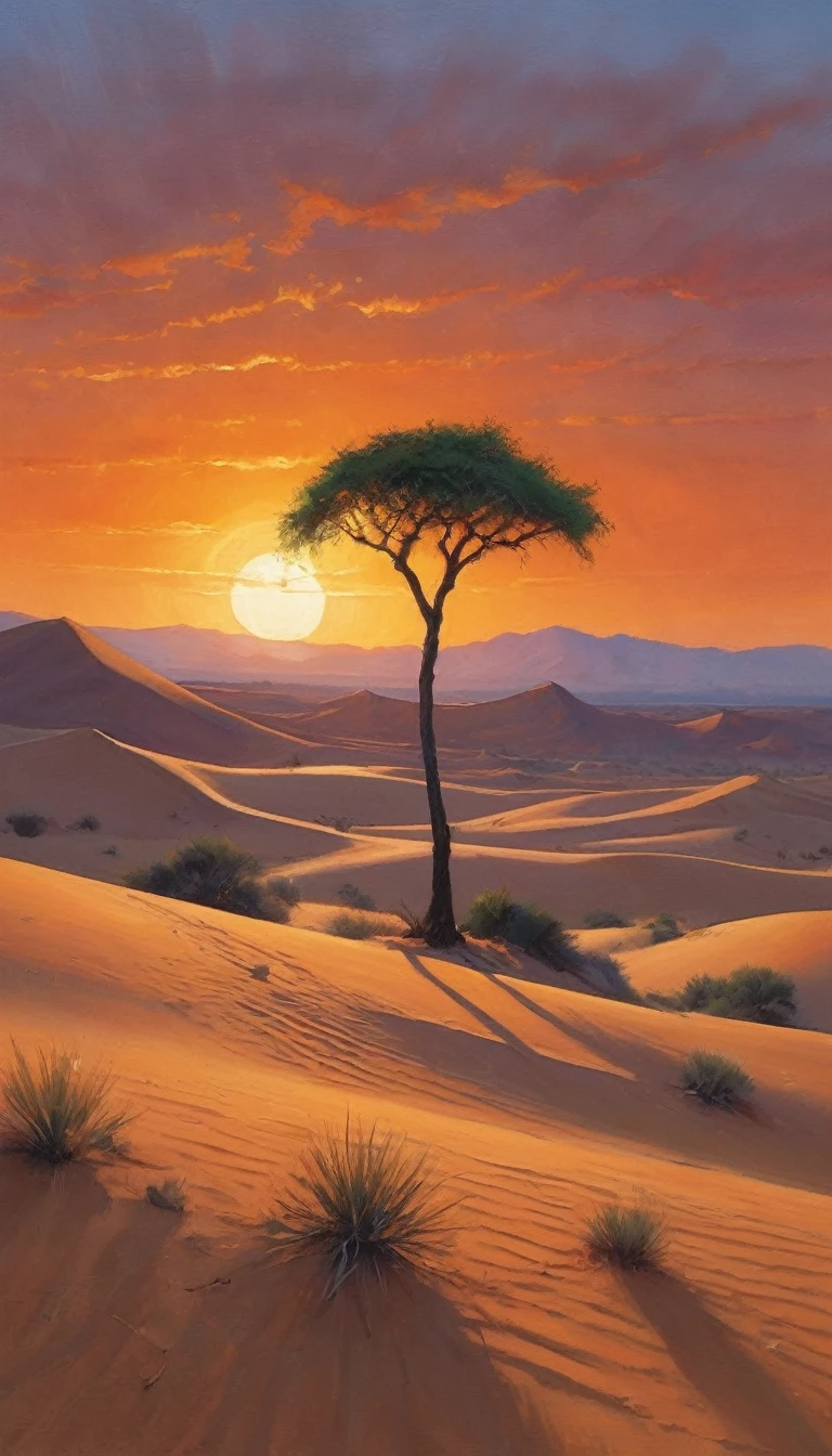 في صحراء قاحلة, ترسم الشمس الحارقة السماء باللون البرتقالي بينما تمتد الكثبان الرملية المتموجة إلى ما لا نهاية. توفر شجرة نخيل وحيدة الظل, حيث تلجأ هاجر وابنها إسماعيل إلى المأوى, تمثل قصة تكوين 16.