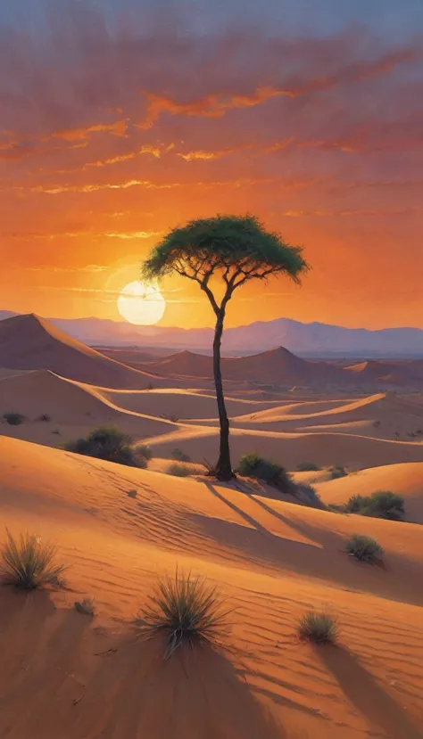 In an arid desert, the scorching sun paints the sky orange as undulating sand dunes stretch into infinity. A single lone palm tr...