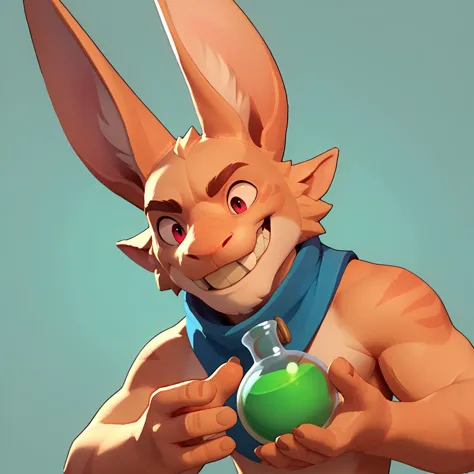 a blue furball, male, with long ears, pointy teeth, who smiles, with a green potion in his hand