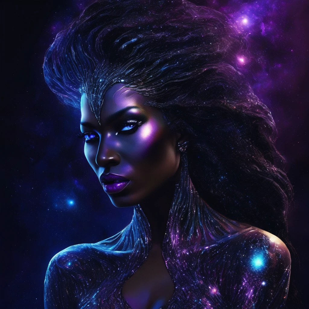 ((This is a dark masterpiece with deep shadows.)) Generate a female dark divine being with ((pure black galaxy skin)). Her face is onyx black but still detailed and stunning. (Her face is important and has realistic shading and puffy lips). Her (opaque) eyes are luminous and shimmering in hues of purples and blues. This image is compelling with dynamic composition and energetic posing. Include many fantasy details such as bumps, phantasmal iridescence, glitter, galaxy, cosmos, ((dark celestialskin body, void cosmic body)), (((dark background))), (((lights off))), (((hollywood dark))), horror, dramatic shadows, (in a dark fantasy space:1.3, glitter, sparkle, gleam) vector digital illustration, (black background:1.5) 