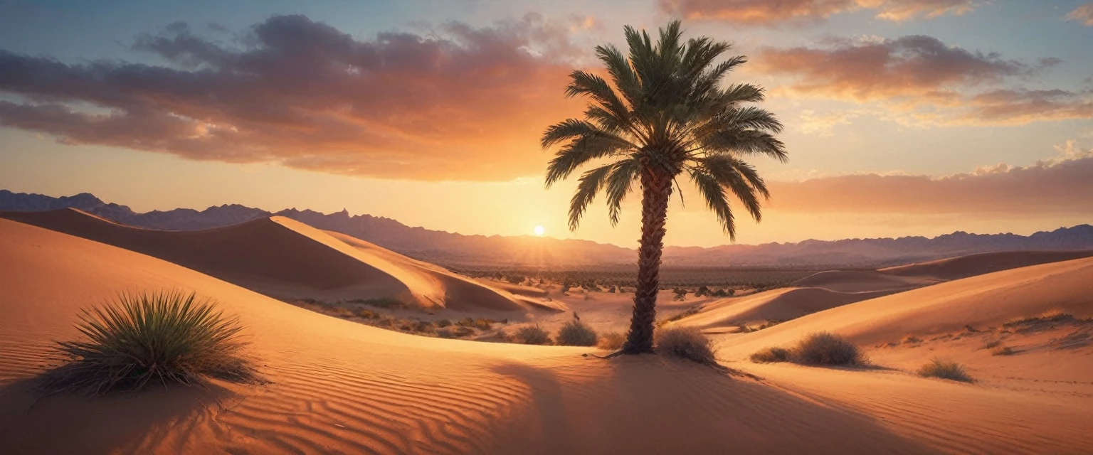 a lone palm tree in an arid désert, ciel orange, undulating sable dunes, soleil brûlant, detailed paysage, (meilleure qualité,4K,8k,haute résolution,chef-d&#39;œuvre:1.2),Ultra-détaillé,(réaliste,photoréaliste,photo-réaliste:1.37),éclairage cinématographique,couleurs vives,atmosphère sereine,désert,sable,paysage,photo,coloré,Spectaculaire,Beau,tranquille