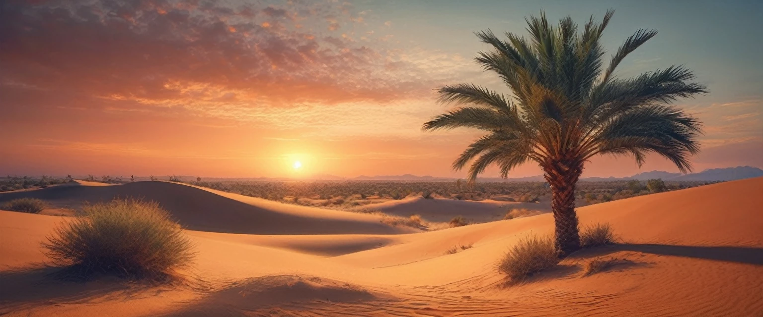 a lone palm tree in an arid 砂漠, オレンジ色の空, undulating 砂 dunes, 灼熱の太陽, detailed 風景, (最高品質,4k,8K,高解像度,傑作:1.2),非常に詳細な,(現実的,写真現実的,写真-現実的:1.37),映画照明,鮮やかな色彩,穏やかな雰囲気,砂漠,砂,風景,写真,カラフル,劇的,美しい,静かな