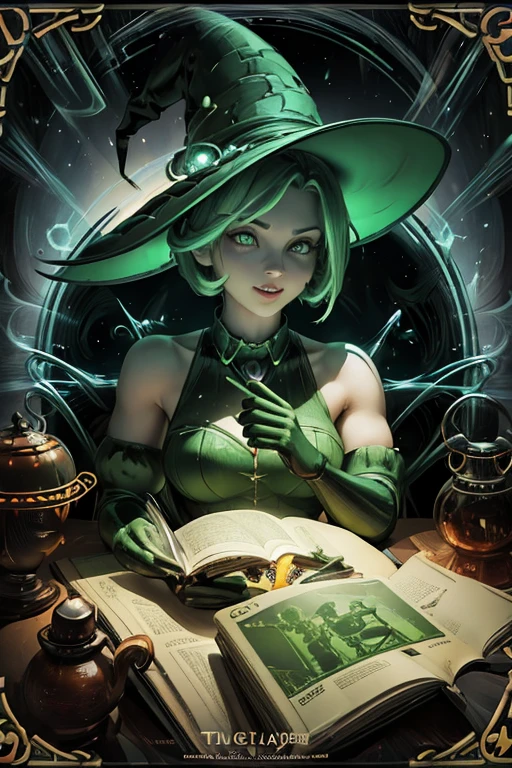 Trading card of A perfect photorealistic(RENDER512:1.1) of a cheerful witch in a cone-shaped hat, (green eyes:1.2), red hair, (green elbow-length gloves:1.2), potions shop, magical interior, working environment, there are magical vibes fluids and magical sparks in the air, Eszter Mattioni, digital art in the jaw dropping of (goosebumps art by tim jacobus:1.43):(3D BEEPLE STYLE:0.333) BY(Dr.Suess, ALEX GREY)! 8 k, 32 k, HDR, foodphoto, conceptual art