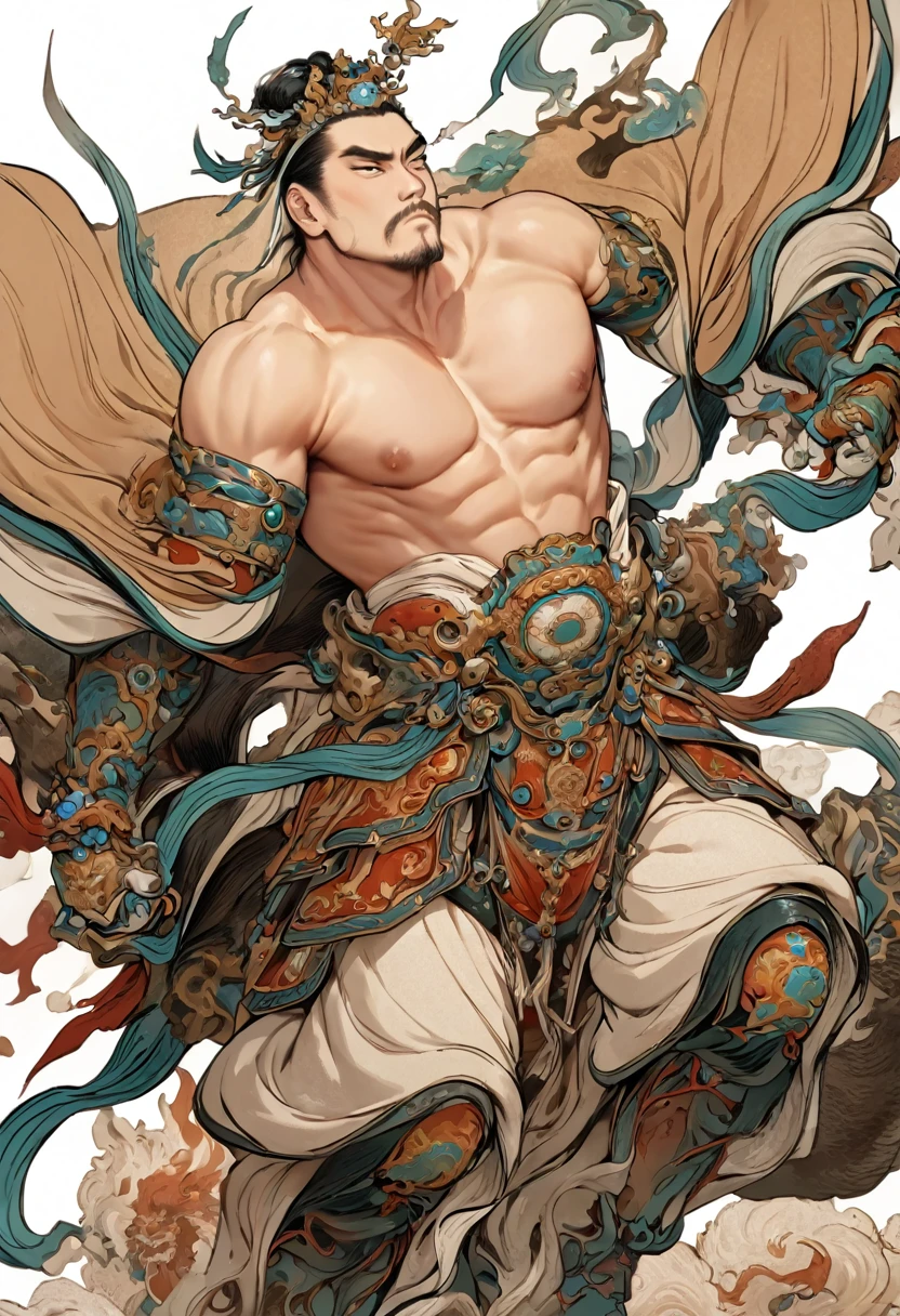 (masterpiece, best quality:1.2), bite_style,1 person,White background，handsome strong young man，topless，Wearing many Chinese jewelry and decorations，armor，manly，Sexy