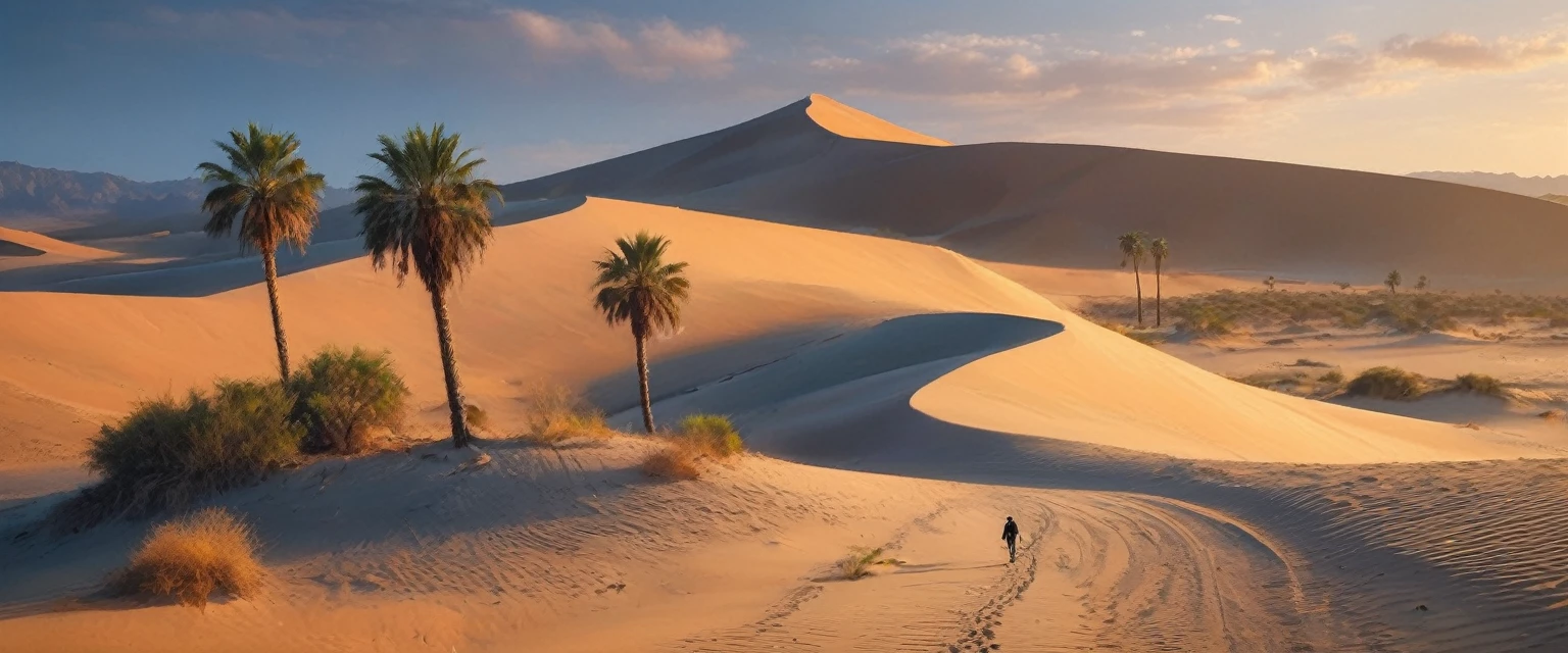 a stand of palm trees in an arid désert, ciel orange, undulating sable dunes,une silhouette solitaire projetant une ombre sur les dunes, soleil brûlant, detailed paysage, (meilleure qualité,4K,8k,haute résolution,chef-d&#39;œuvre:1.2),Ultra-détaillé,(réaliste,photoréaliste,photo-réaliste:1.37),éclairage cinématographique, couleurs vives, atmosphère sereine, désert, sable, paysage, photo, coloré, Spectaculaire, Beau, tranquille