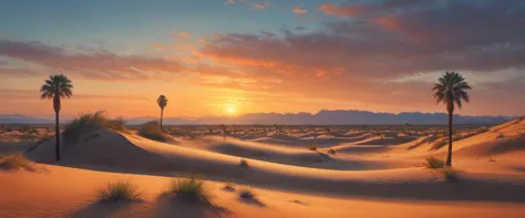 a stand of palm trees in an arid desert, orange sky, undulating sand dunes,a lone figure casting a shadow on the dunes, scorchin...