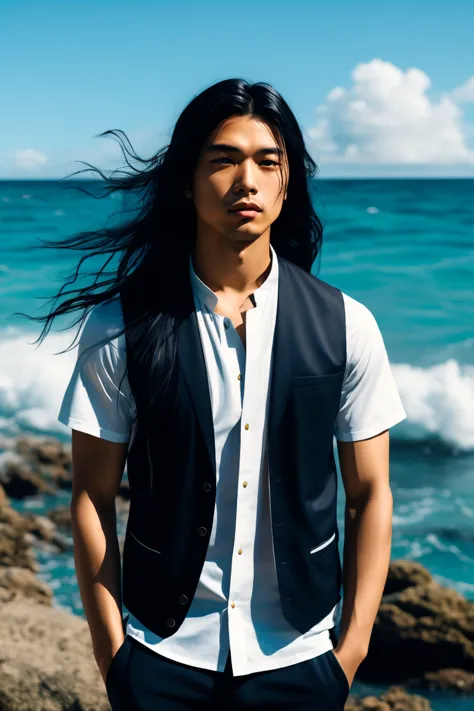 a young man with long Black Hair and a vest on standing in front of the ocean with a blue sky空, (1 Girl:0.955), (Bangs:0.575), (...