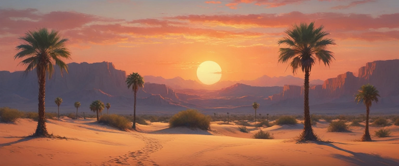 a stand of palm trees around a oasis in an arid desert, (orange sky:1.2), undulating sand dunes, a lone figure casting a shadow, scorching sun, detailed landscape, (best quality,4k,8k,highres,masterpiece:1.2),ultra-detailed,(realistic,photorealistic,photo-realistic:1.37),cinematic lighting, vibrant colors, serene atmosphere, desert, sand, landscape, photo, colorful, dramatic, beautiful, tranquil