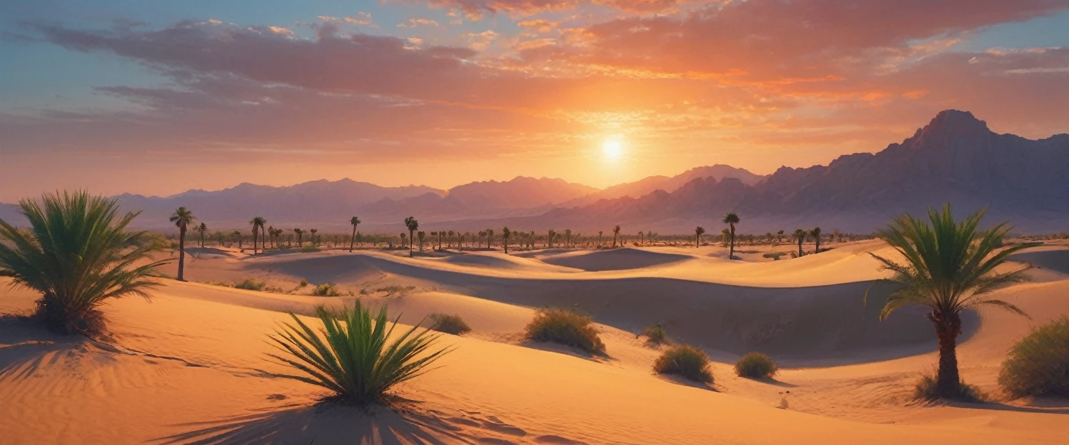 um grupo de palmeiras ao redor de um oásis em um deserto áridoo, (Céu laranja:1.2), undulating areia dunes, uma figura solitária projetando uma sombra, sol escaldante, detailed paisagem, (melhor qualidade,4K,8K,alta resolução,obra de arte:1.2),Ultra-detalhado,(realista,fotorealista,foto-realista:1.37),iluminação cinematográfica, cores vibrantes, atmosfera serena, deserto, areia, paisagem, foto, colorida, dramático, lindo, tranquilo