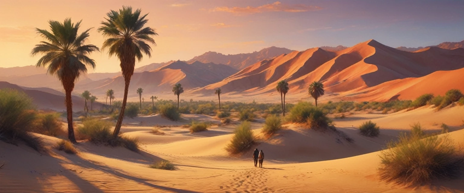 a stand of palm trees around a oasis in an arid desert, (orange sky:1.2), undulating sand dunes, a lone figure casting a shadow, scorching sun, detailed landscape, (best quality,4k,8k,highres,masterpiece:1.2),ultra-detailed,(realistic,photorealistic,photo-realistic:1.37),cinematic lighting, vibrant colors, serene atmosphere, desert, sand, landscape, photo, colorful, dramatic, beautiful, tranquil