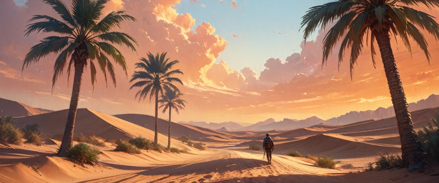 a stand of palm trees around a oasis in an arid désert, (ciel orange:1.2), undulating sable dunes, une silhouette solitaire projetant une ombre, soleil brûlant, detailed paysage, (meilleure qualité,4K,8k,haute résolution,chef-d&#39;œuvre:1.2),Ultra-détaillé,(réaliste,photoréaliste,photo-réaliste:1.37),éclairage cinématographique, couleurs vives, atmosphère sereine, désert, sable, paysage, photo, coloré, Spectaculaire, Beau, tranquille