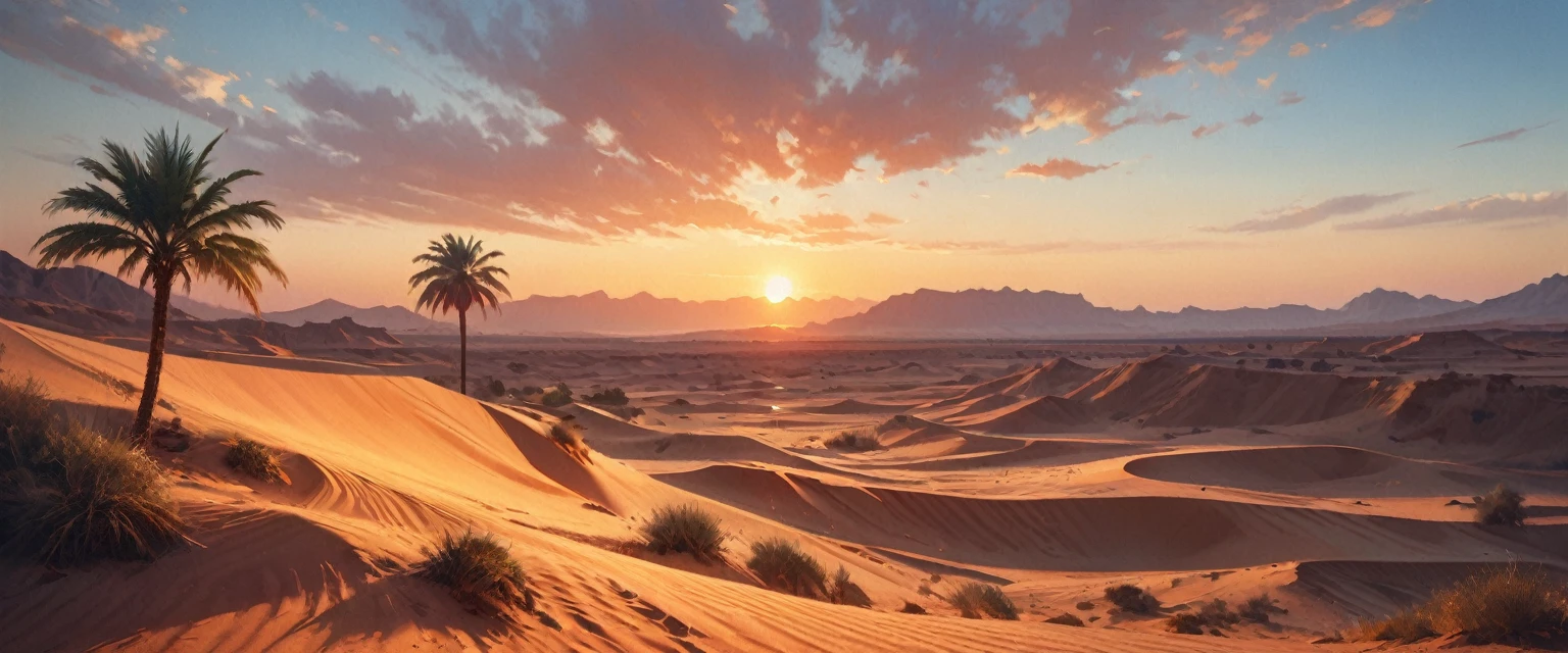a stand of palm trees around a oasis in an arid désert, (ciel orange:1.2), undulating sable dunes, une silhouette solitaire projetant une ombre, soleil brûlant, detailed paysage, (meilleure qualité,4K,8k,haute résolution,chef-d&#39;œuvre:1.2),Ultra-détaillé,(réaliste,photoréaliste,photo-réaliste:1.37),éclairage cinématographique, couleurs vives, atmosphère sereine, désert, sable, paysage, photo, coloré, Spectaculaire, Beau, tranquille