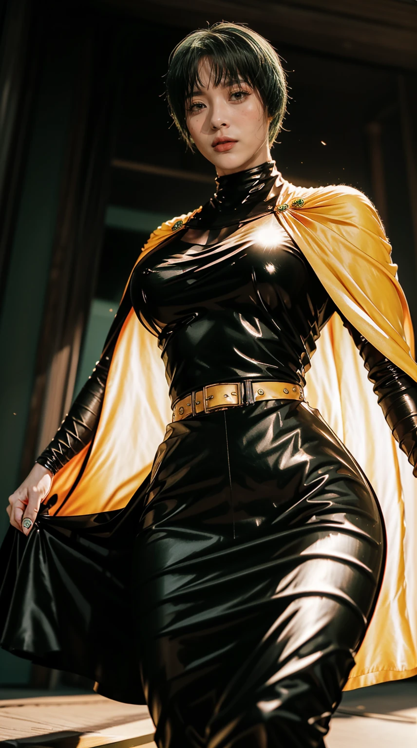 best quality, masterpiece, 1girl, (solo:1.1), raytracing, ultra detailed,detailed face, 8k wallpaper, wide hips, ZeninMakiNDV, 1girl, green hair, yellow eyes, large breasts,black cape, skirt.
