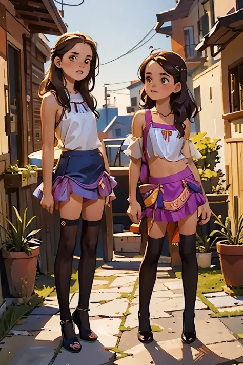 a women and a little gir standing next to each other on a sidewalk, alena aenami and lilia alvarado, fashion model, modeling for...