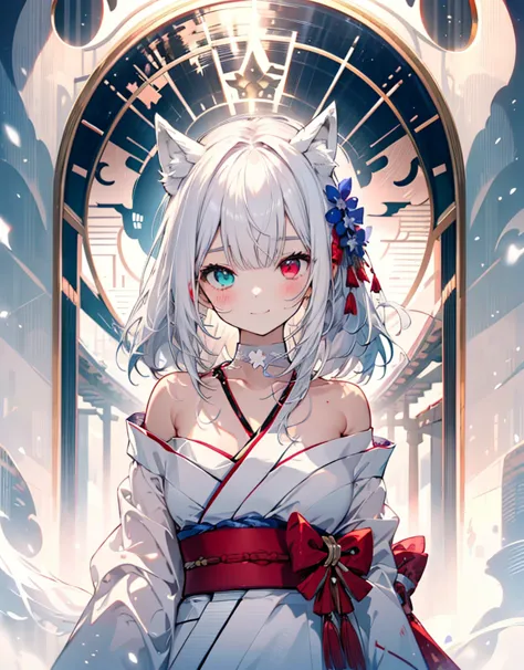 [[[ ultra-detailed, best quality, soft skin, beautiful, 4k]]] white hair, ((white fox ears)),((neko ears)), perfect blue and red...