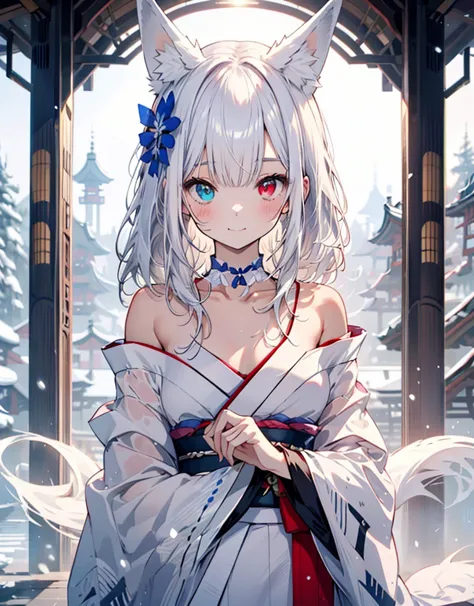 [[[ ultra-detailed, best quality, soft skin, beautiful, 4k]]] white hair, ((white fox ears)),((neko ears)), perfect blue and red...