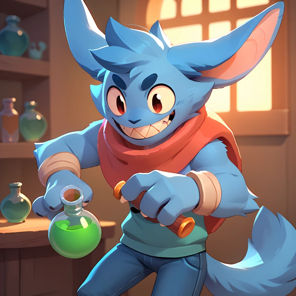 a round creature with blue fur, male, long ears, smiling, sharp teeth, wearing jeans, friendly round creature, holding a green potion in his hand