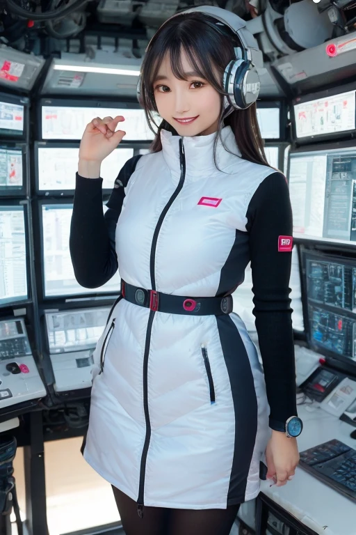 masterpiece, Highest quality, Very detailed, 8K Portrait,Japanese Android Girl,plump , Control panel,Robotic arms and legs, Blunt bangs,,break (Metallic Gray, Metallic luster, Mirror finish, Astro Best):5,headphone:5,break (Black sleeves):100,Smart Watches,Futuristic space station,Control Room,break headphone,blue eyes,(Black Hair):2,(Long Hair):1.3,Displaying the viewer,(respirator),break blush:3,Hidden Hand,smile