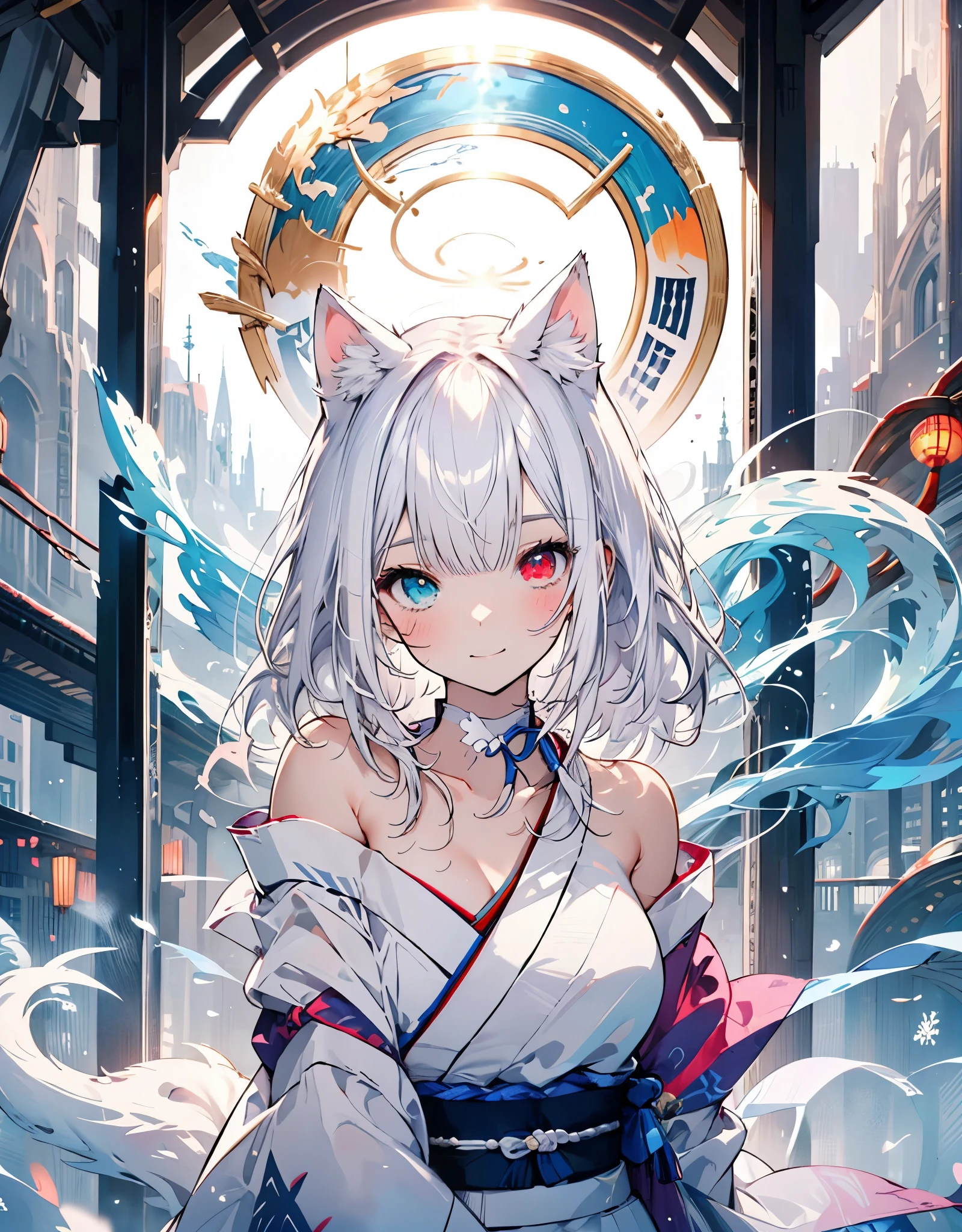 [[[ ultra-detailed, best quality, soft skin, beautiful, 4K]]] white hair, ((white cat ears)), perfect blue and red eyes (heterochromia, tied-up hair, slender body, dynamic angle, white choker, white and blue upper loose kimono (off shoulders kimono ) , white fox ears, calm expression, female, snowy palace gardens background, serious). walking angle, ((little horny smile)), bare shoulders,  easy like, scenery, sexy pose