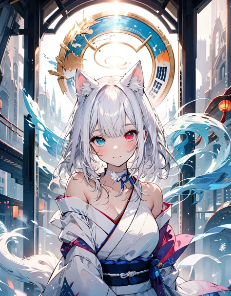 [[[ ultra-detailed, best quality, soft skin, beautiful, 4k]]] white hair, ((white cat ears)), perfect blue and red eyes (heteroc...