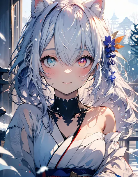 [[[ ultra-detailed, best quality, soft skin, beautiful, 4k]]] white hair, ((white cat ears)), perfect blue and red eyes (heteroc...