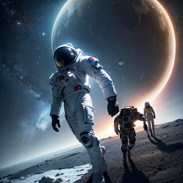 a photorealistic astronaut in a futuristic spacesuit, walking on the surface of an alien planet with two moons in the sky, detailed facial features, highly detailed, dramatic lighting, cinematic composition, intricate details, vibrant colors, hyper realistic, 8k, incredibly detailed, masterpiece, stunning, photographic