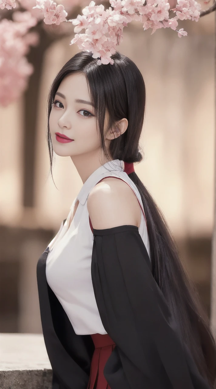 ((Best Quality, 8K, Masterpiece: 1.3)), Super Cute Beautiful Woman, 1 Girl, (Beautiful Breasts:1.3), (Abs, Slender Figure: 1.1), Sharp Focus, (((Intricate Details)), High Detail, Upper Body, One Girl, Black Straight Hair with bangs, Japan  Uniform, White collard shirt, red blazer, white Pleats Skirt, knee-length skirt, 8K, 8K Resolution, clean detailed face, Detailed Body, Detailed Clothes, Sharp Images, Japan Anime Concept Art, trending on Pixiv, looking the viewer, facing the viewer, seductive model pose, seductive smile, pink lipstick, bokeh, field of depth, 8 life size, 8k resolution, upper body image, shot on EOS 5D Mark IV, 35mm lens, f1.8, from side, night Paris Cafe background,