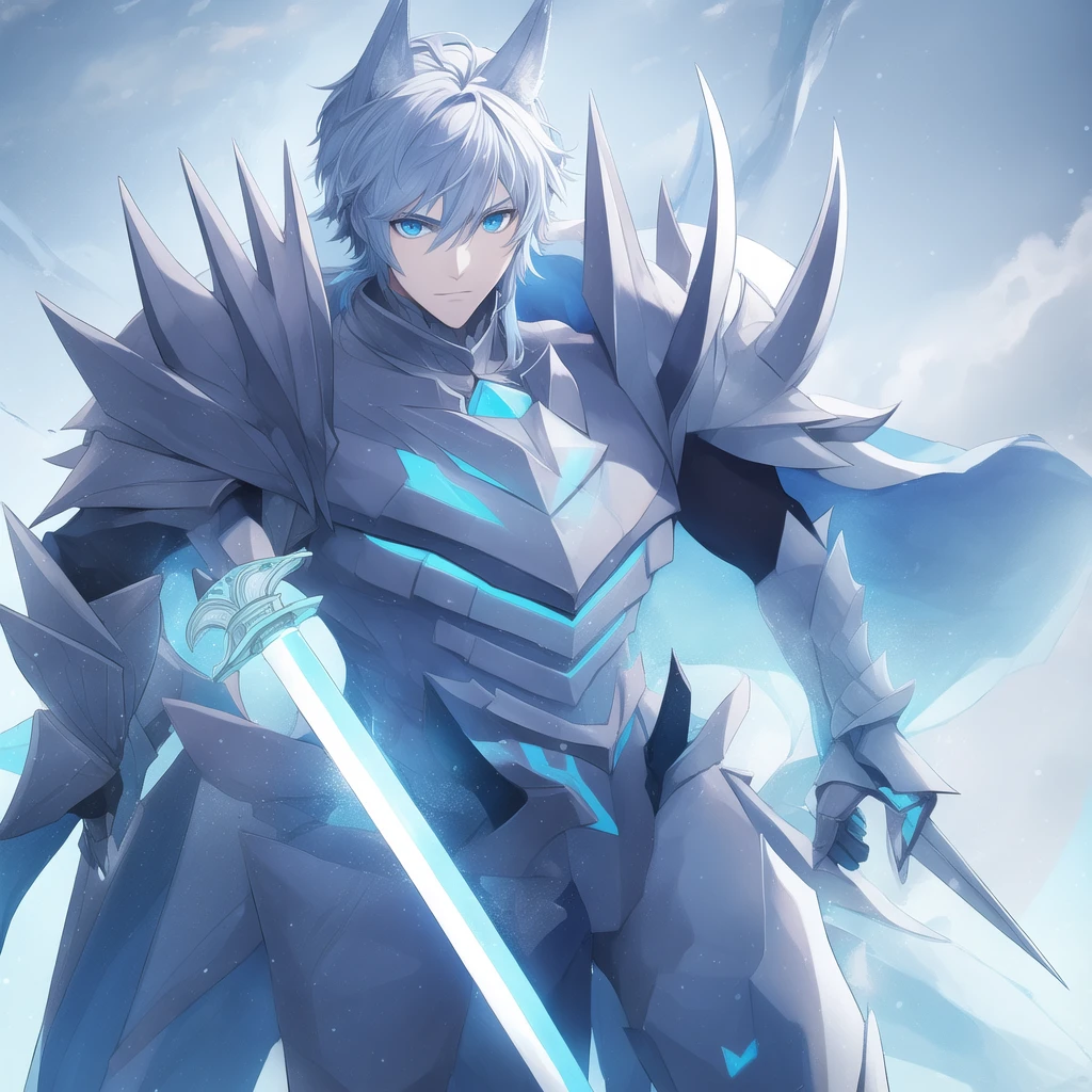 A man who is half ice wolf and wears elegant armor and a sword 