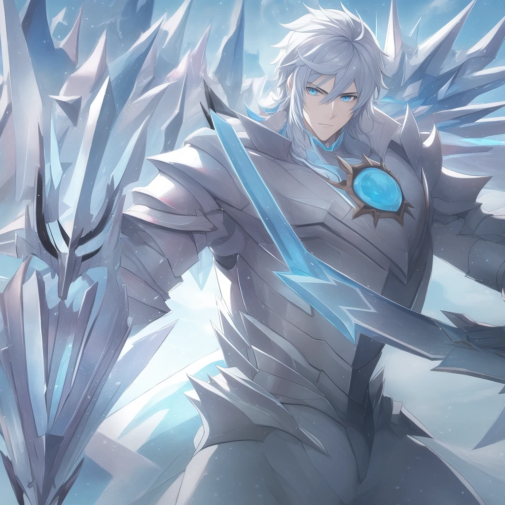 A man who is half ice wolf and wears elegant armor and a sword 