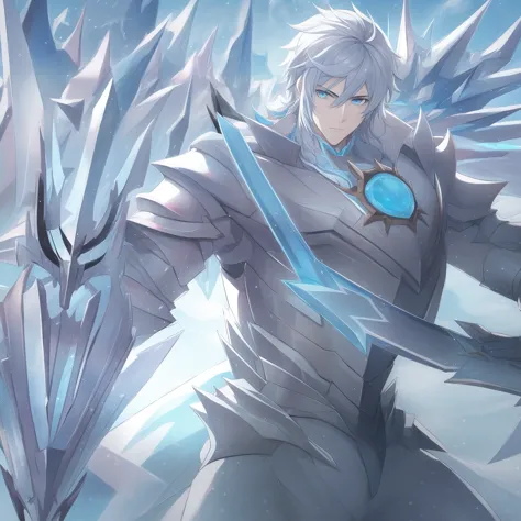 A man who is half ice wolf and wears elegant armor and a sword 