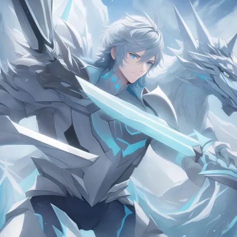 A man who is half ice wolf and wears elegant armor and a sword 