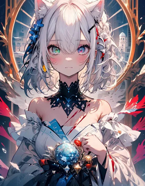 [[[ ultra-detailed, best quality, soft skin, beautiful, 4k]]] white hair, ((white cat ears)), ((one perfect demon red and black ...