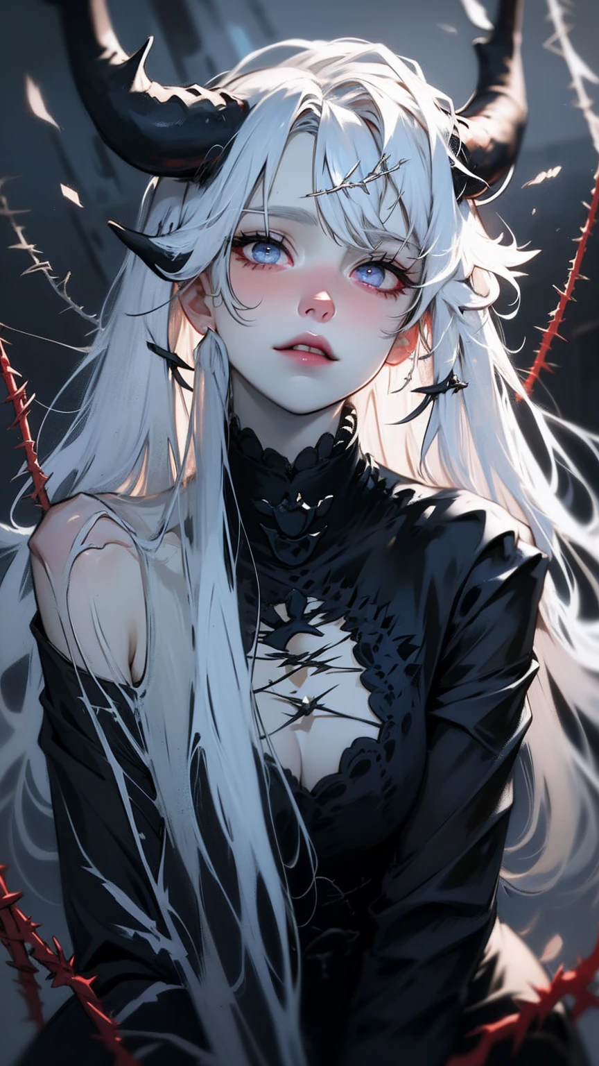 1 girl, Adult woman,  One, g0ld3mb, Air, (platinum blonde hair) hair, hime cut, (kawaii hair clips:1.2)    high quality, Best quality, A high resolution, high detail, (Airen aura magic), hair uplifted, horns,Beautiful young gray-haired woman with piercing red and blue eyes, half smile with full lips, black nails, barbed wire everywhere(rolled black barbed wire),read with your eyes,Blue eyes, (Different eyes), (heterochromia)