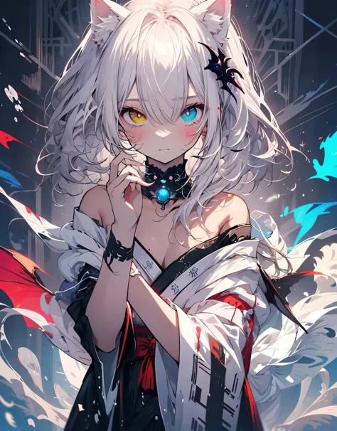 [[[ ultra-detailed, best quality, soft skin, beautiful, 4k]]] white hair, ((white cat ears)), ((one perfect demon red and black ...