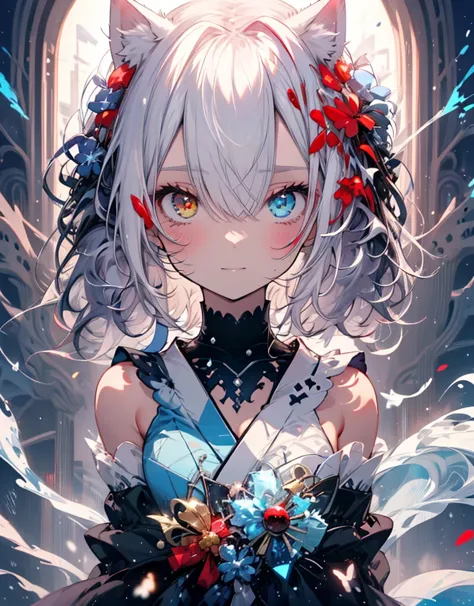 [[[ ultra-detailed, best quality, soft skin, beautiful, 4k]]] white hair, ((white cat ears)), ((one perfect demon red and black ...