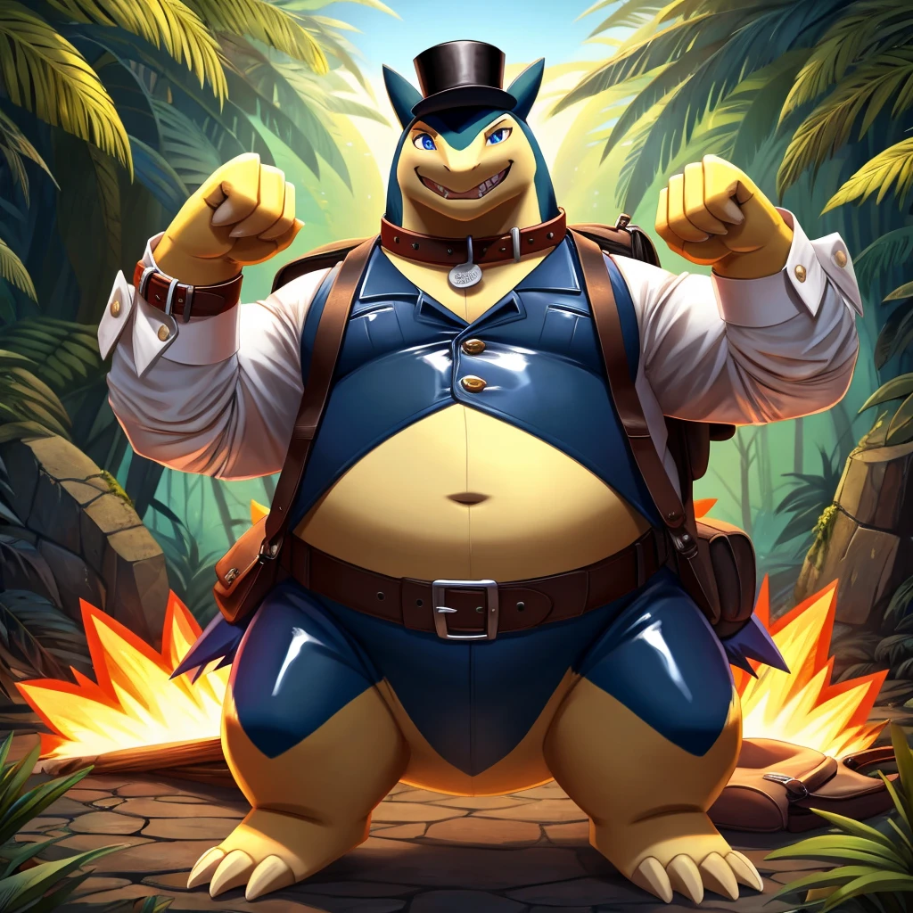 Solo, Male, fat, extremely obese, gentleman, dapper Professor Typhlosion, has a golden belly-button piercing, blue eyes, (posing:1.3), (soft shading), 4k, hi res, ((detailed face, detailed)), looking at viewer, evil grin, jungle, forest, collared shirt with buttons, top hat, male focus, Explorer Outfit, glasses, monocle, bag, vest with buttons, backpack, sleeves rolled up, round eyewear, brown headwear, brown vest, Typhlosion is wearing a glossy leather dog collar around the neck, Typhlosion is wearing the leather collar and shirt and vest at the same time, Typhlosion is wearing glossy white rubber gloves on the hands, wearing white rubber gloves on the feet, Typhlosion is wearing glossy white cuffs around the wrists, gold cufflinks gloves are rubber in texture, clenching teeth, clenching fists, leather collar is glossy and shiny with a lot of detail, Typhlosion is wearing gloves and cuffs and cufflinks at the same time, leather collar has a round dog-tag, leather collar is thick and detailed.