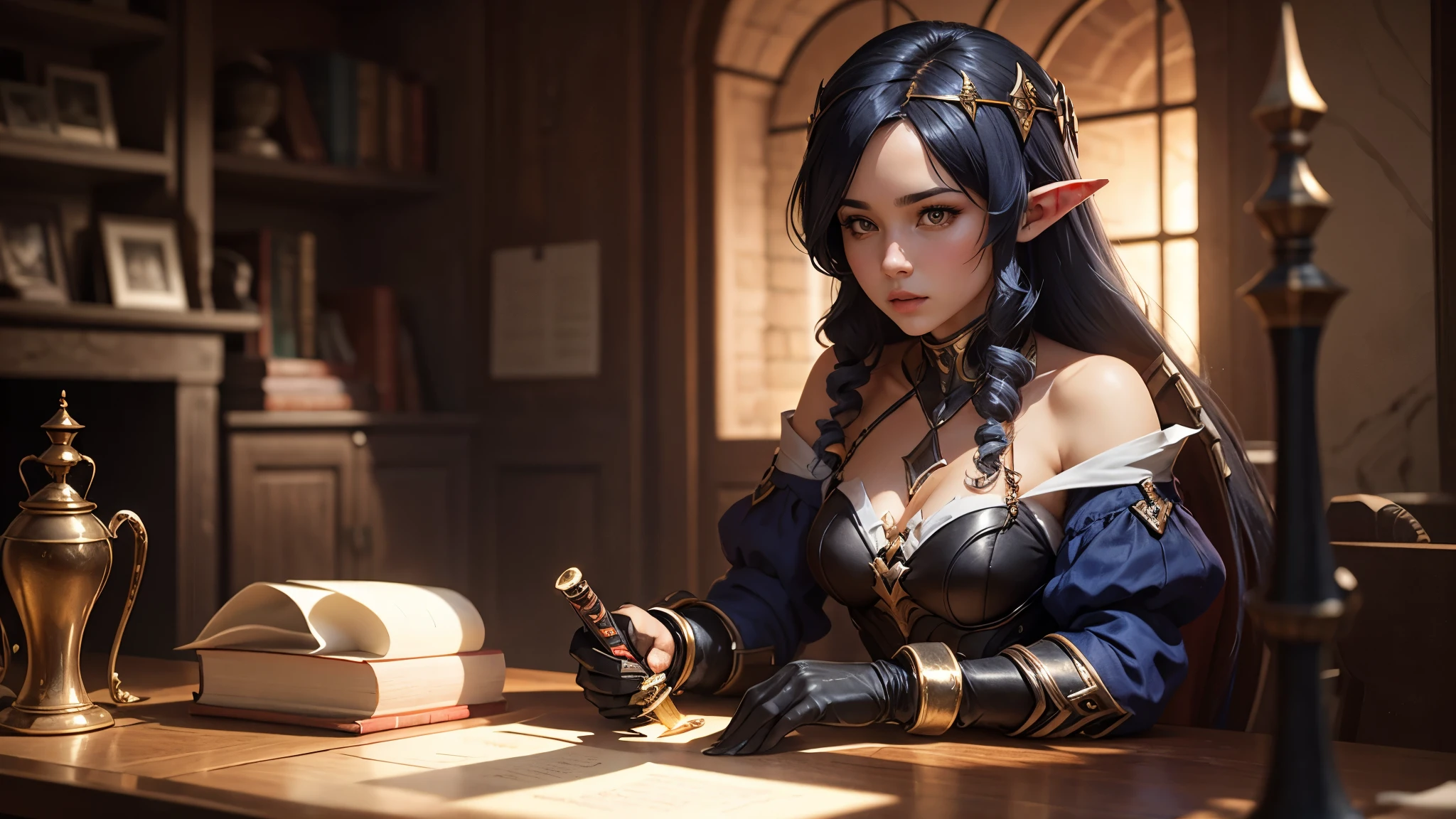 3D rendering, Рендеры Octane, (Unreal engine), fantasy settings, game character, conceptual art, close-up, ((isekai fantasy world)), in room, dungeon, ((holding a sword)), Leiladef, In Leijarn, elf ears, wear leather armor