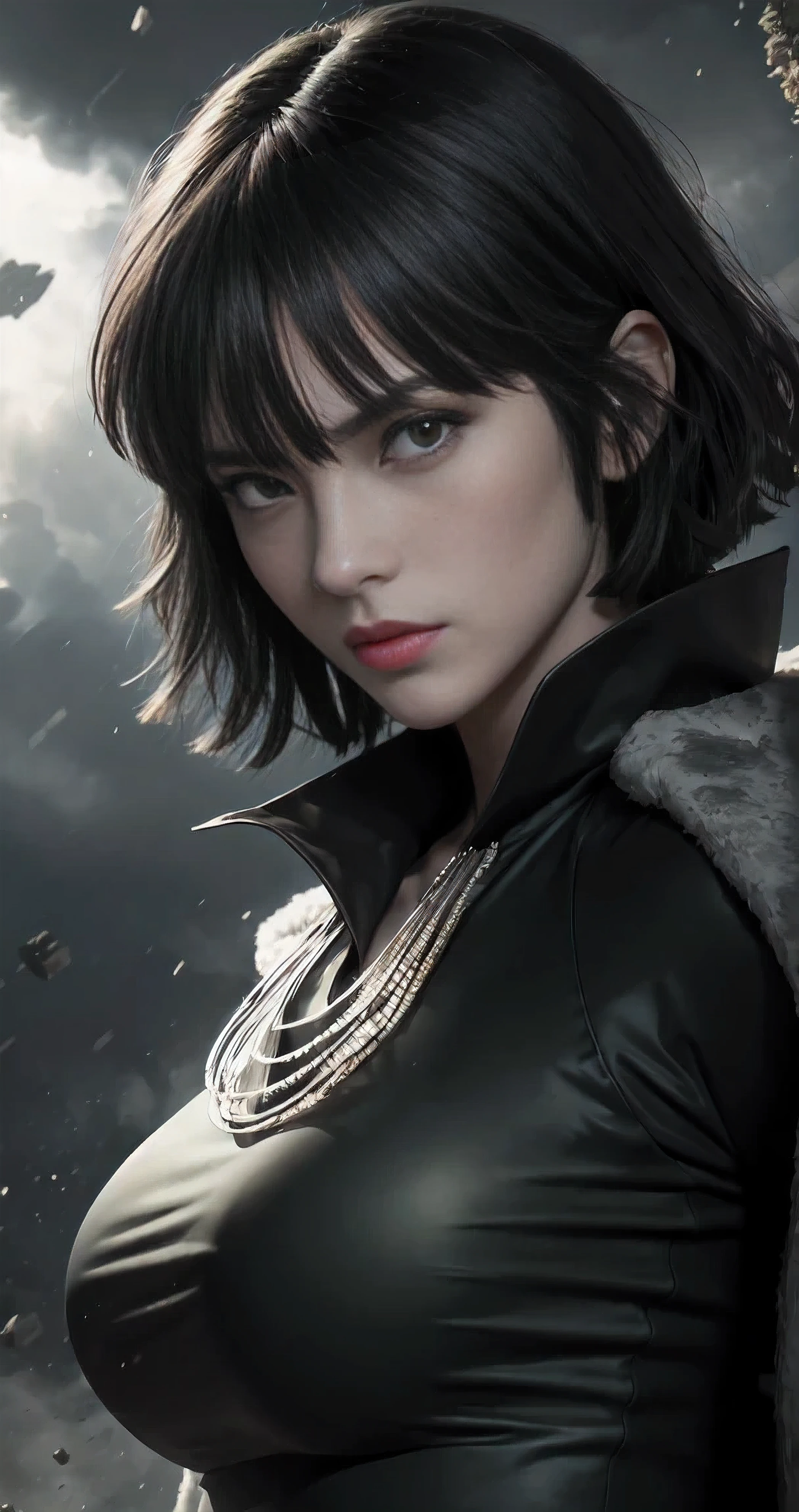 FUBUKI, (BLACK HAIR), Straight hair, TAUT CLOTHES, FUR COAT, JEWELRY, NECKLACE, long face, short hair, straight hair, (photorealistic:1.2), (masterpiece), best quality, (detailed face:1.4), raw photo, ultra realistic 8k, perfect artwork, (background violent tornado and storm :1.2),BREAK, photography,masterpiece,best quality,HDR,highres,realistic details,8K,HDR,highres,absurdres,1girl fly in the air, fubuki,expressionless, tiny breasts,masterpiece,ultra realistic,32k,extremely detailed CG unity 8k wallpaper, best quality