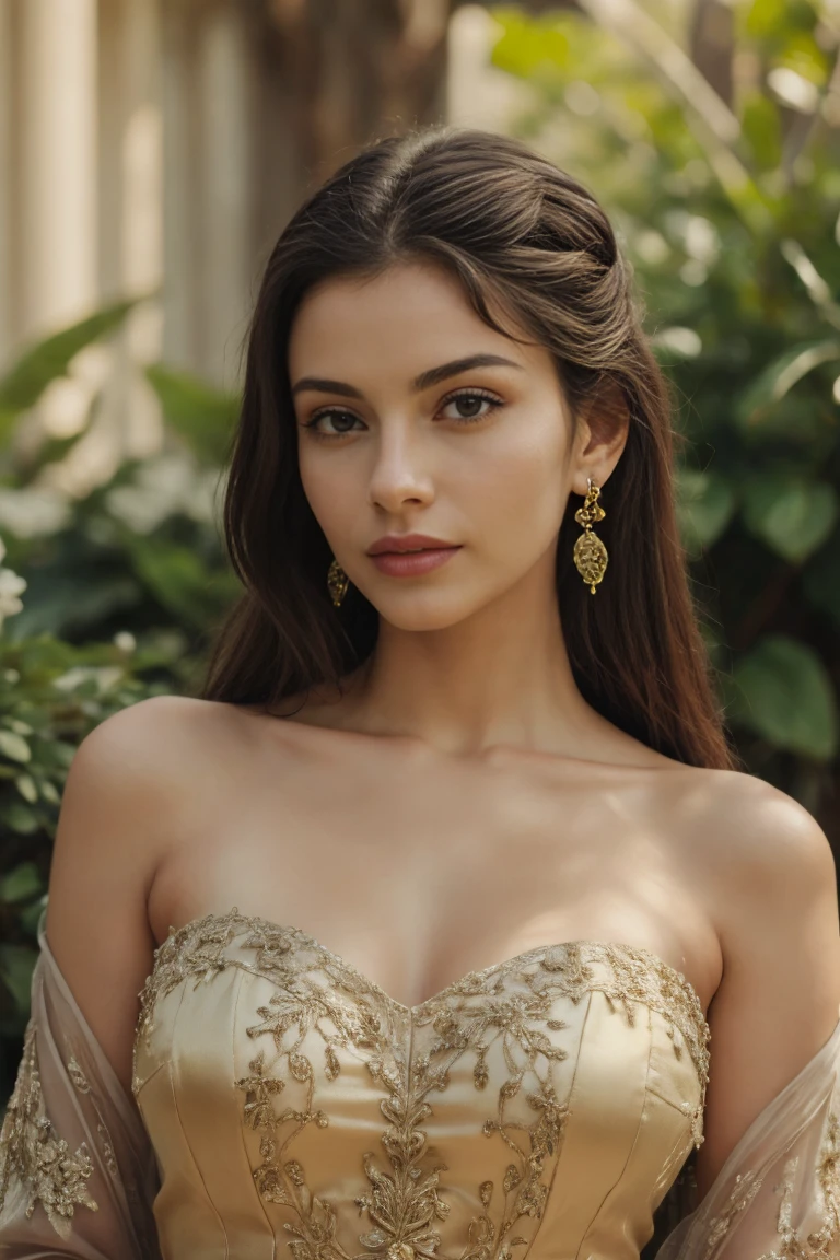 a beautiful young middle eastern woman, detailed facial features, long flowing dark hair, warm brown eyes, delicate nose and lips, elegant facial expression, intricate ornate gold jewelry, intricate embroidered traditional dress, serene outdoor garden setting, lush greenery, blooming flowers, soft natural lighting, (best quality,4k,8k,highres,masterpiece:1.2),ultra-detailed,(realistic,photorealistic,photo-realistic:1.37),detailed portrait,cinematic composition