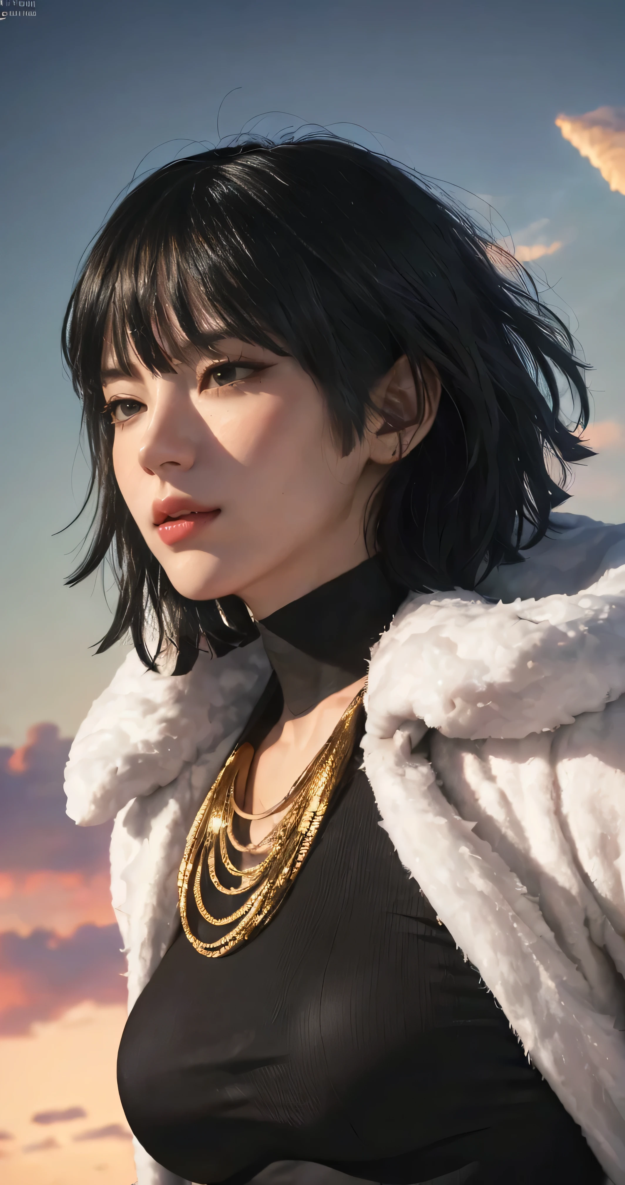 FUBUKI, (BLACK HAIR), Straight hair, TAUT CLOTHES, FUR COAT, JEWELRY, NECKLACE, long face, short hair, straight hair, (photorealistic:1.2), (masterpiece), best quality, (detailed face:1.4), raw photo, ultra realistic 8k, perfect artwork, (background violent tornado and storm :1.2),BREAK, photography,masterpiece,best quality,HDR,highres,realistic details,8K,HDR,highres,absurdres,1girl fly in the air, fubuki,expressionless, tiny breasts,masterpiece,ultra realistic,32k,extremely detailed CG unity 8k wallpaper, best quality