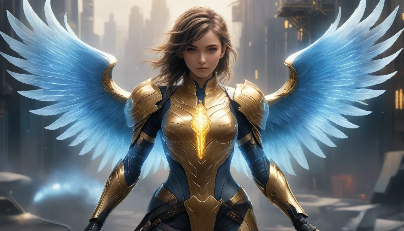 masterpiece,(Best quality),very detailed,ultra detailed,1 girl,(furnicalwings:Golden,Brilliant eyes:blue,Goldenrarmor:1.2,elongatedears:0.8),(Cyberpunk City:1.5,Weapon:Energy Blade),(fantasylandscape:1.2,daylight:1.5,confident expression),(panorama:1.2),fur, smile,corner,angels, wings,chrome,RAW