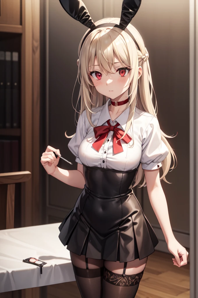 illyasvielvoneinzbern, illyasviel von einzbern, blonde hair, hair between eyes, long hair, (red eyes:1.5),
BREAK beret, black skirt, brown footwear, collared shirt, hat, homurahara academy , kneehighs, loafers, pleated skirt, puffy short sleeves, puffy sleeves, red ribbon, ribbon, , shirt, shoes, short sleeves, skirt, socks, white headwear, (white shirt:1.5), white socks,
BREAK indoors, classroom,
BREAK looking at viewer, (cowboy shot:1.5),
BREAK (masterpiece:1.2), best quality, high resolution, unity 8k wallpaper, (illustration:0.8), (beautiful detailed eyes:1.6), extremely detailed face, perfect lighting, extremely detailed CG, (perfect hands, perfect anatomy),Absolute area、Black knee-highs、Cowboy Shot、、red choker, (black playboy bunny), (black fake rabbit ears), (black pantyhose), (black high-heels), cafe