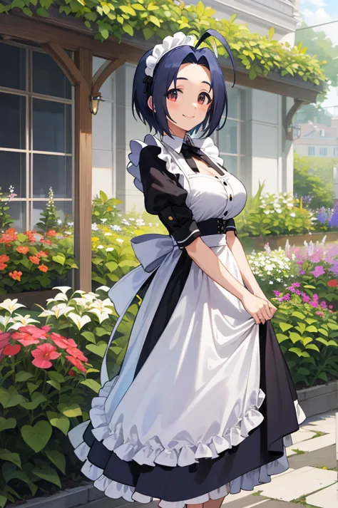 masterpiece, best quality, highres, aaazusa, short hair, ahoge, parted bangs, maid, maid headdress, apron, black dress, skirt ho...